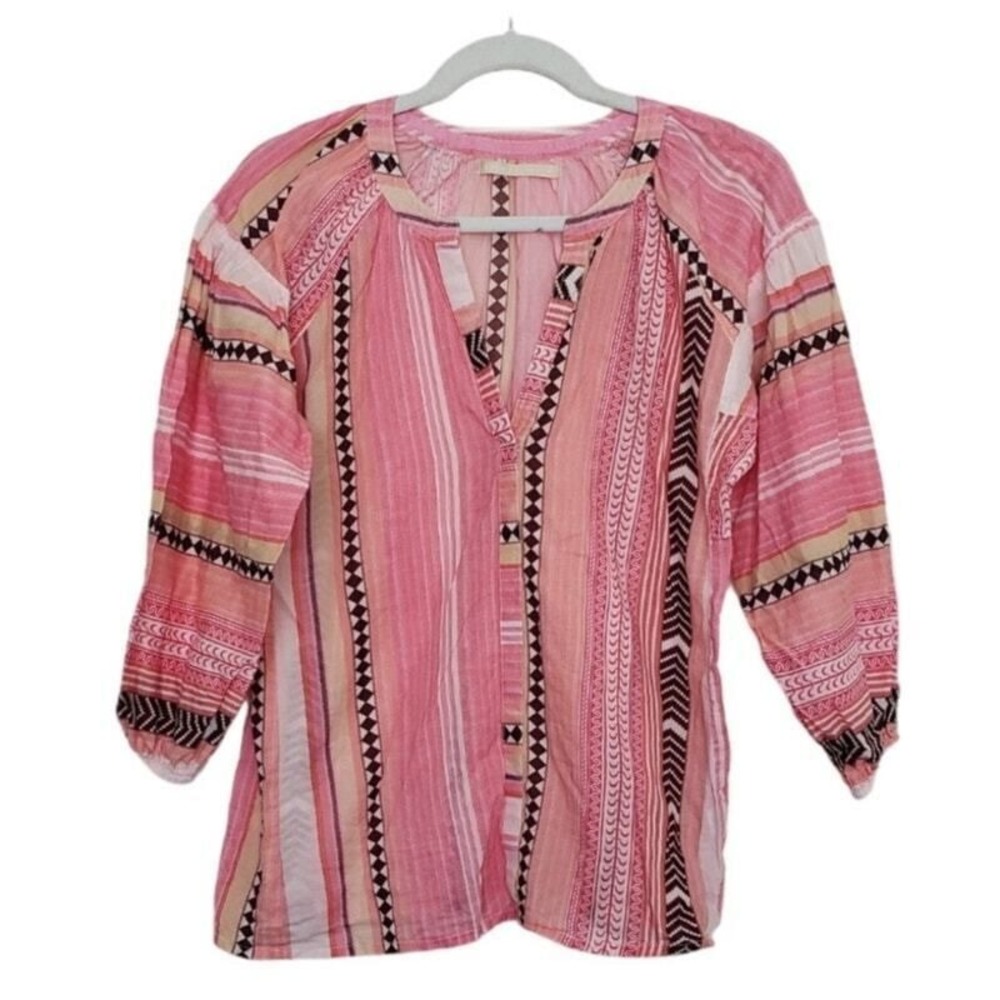 Lola Australia Pink Striped Cotton‎ V-Neck Tunic Blouse Boho 3/4 Sleeve Sz XS